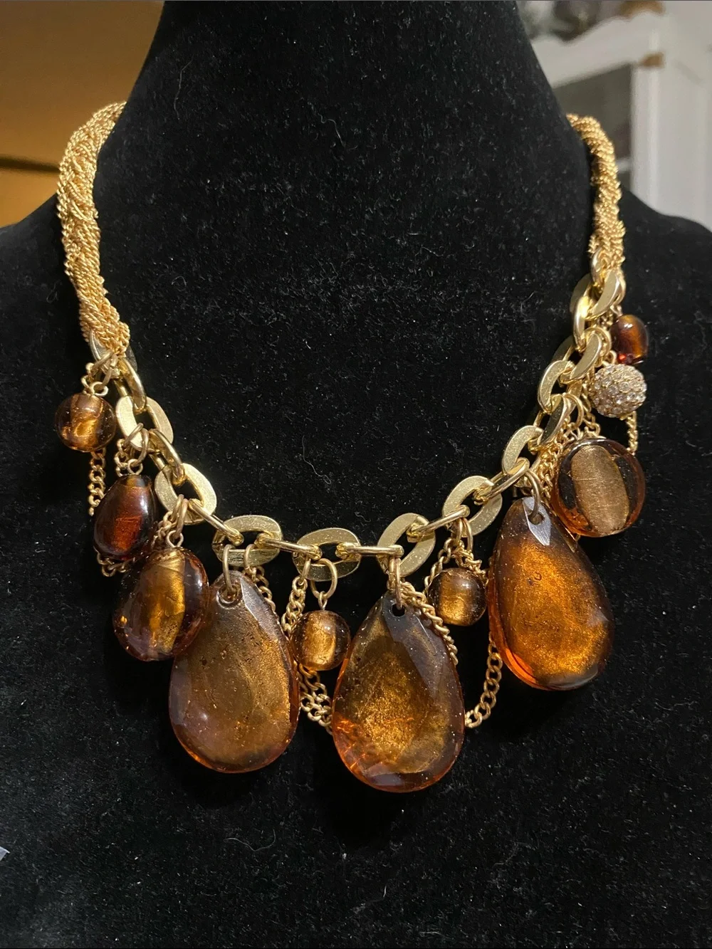 Gold-Tone Necklace with Amber Teardrop Glass Drops